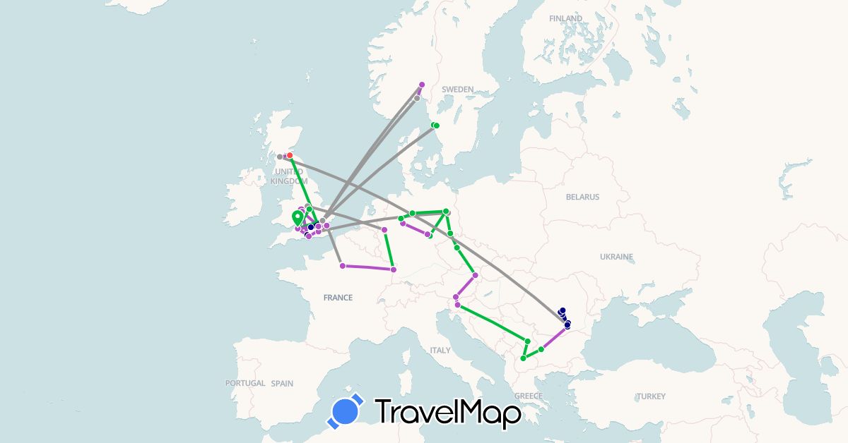 TravelMap itinerary: driving, bus, plane, train, hiking in Austria, Bulgaria, Czech Republic, Germany, France, United Kingdom, Macedonia, Norway, Romania, Serbia, Sweden, Slovenia (Europe)